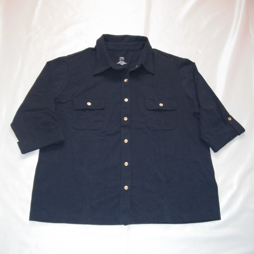 TABI Women's Shirt Top Size XXL Black/Dark Blue Stretch 2/3 Sleeve Button Down